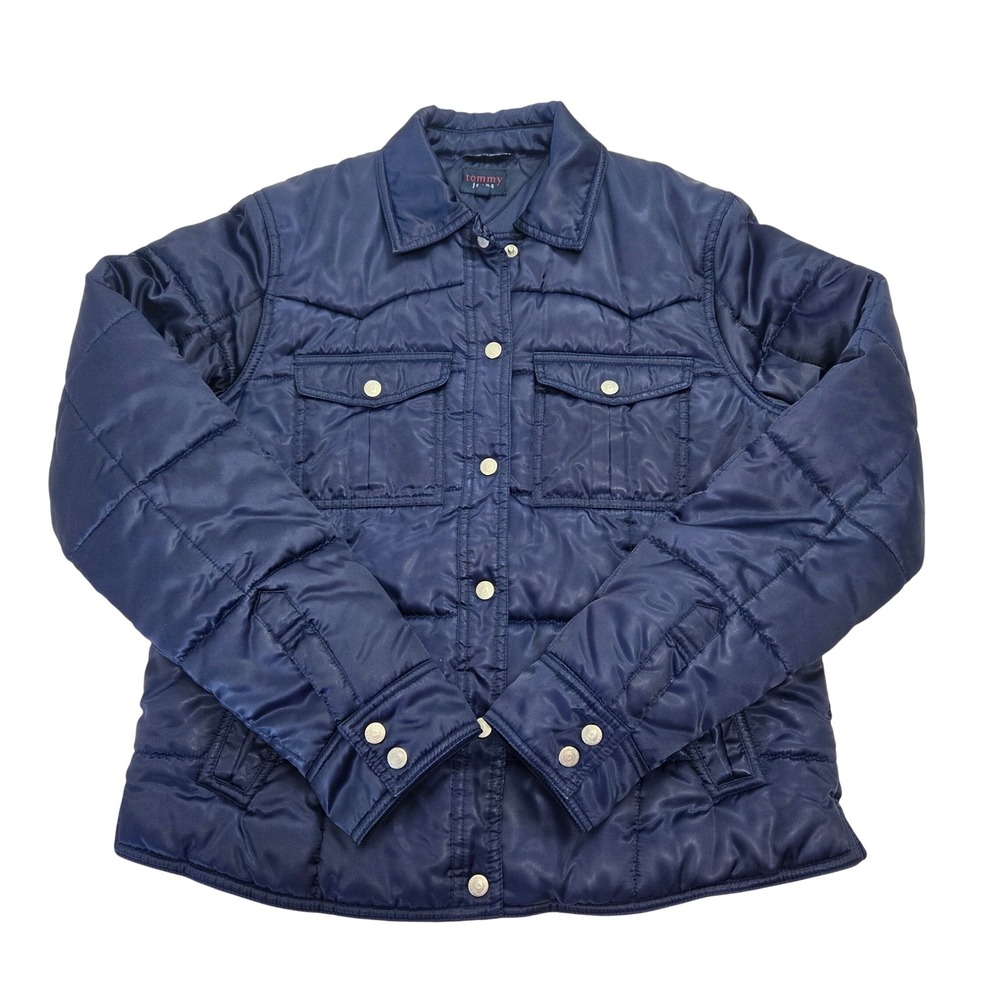 Tommy Jeans Womens L Navy Blue Quilted Satin Puffer Jacket Western Yoke Y2K 90s